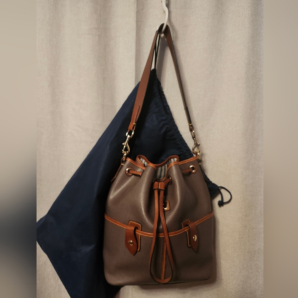 Dooney & Bourke Camden Saffiano Leather Bucket Bag-Elephant- EUC And Dustbag